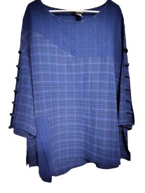 Moonlight Y&S XL Tunic Top Dark Blue Check Cut Out on Arms Lagenlook Art to Wear